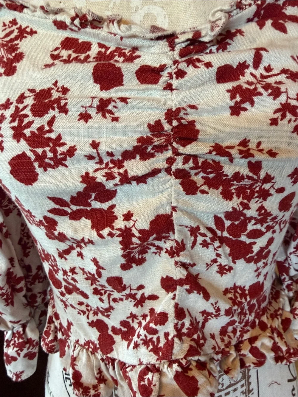 Zara White and Red Floral Square-Neck Blouse